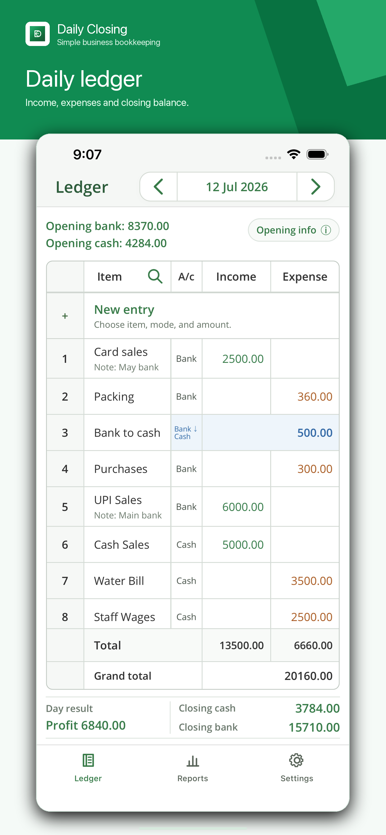 Daily Closing ledger screen showing income, expenses, and closing balances.