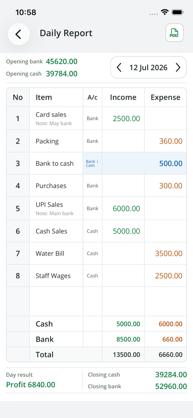 Daily Report screen with cash and bank totals, profit, and a PDF button.