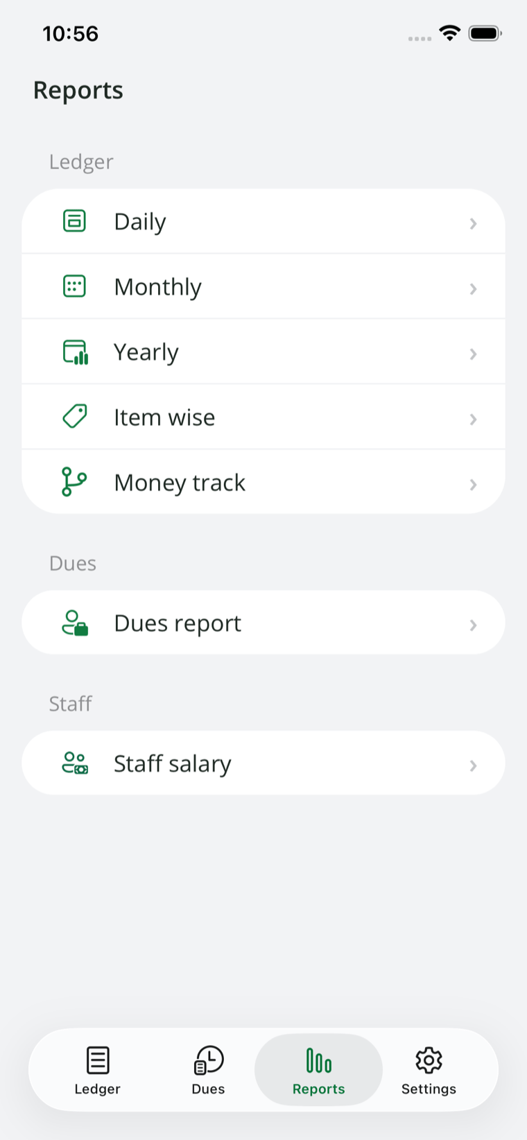 Reports screen listing daily, monthly, yearly, item-wise, dues, and staff reports.